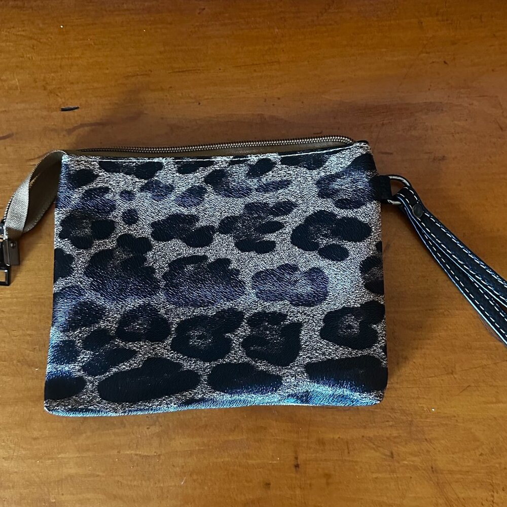 Animal Print Leopard Cheetah Wristlet With Silver Hardware and Roses Lining